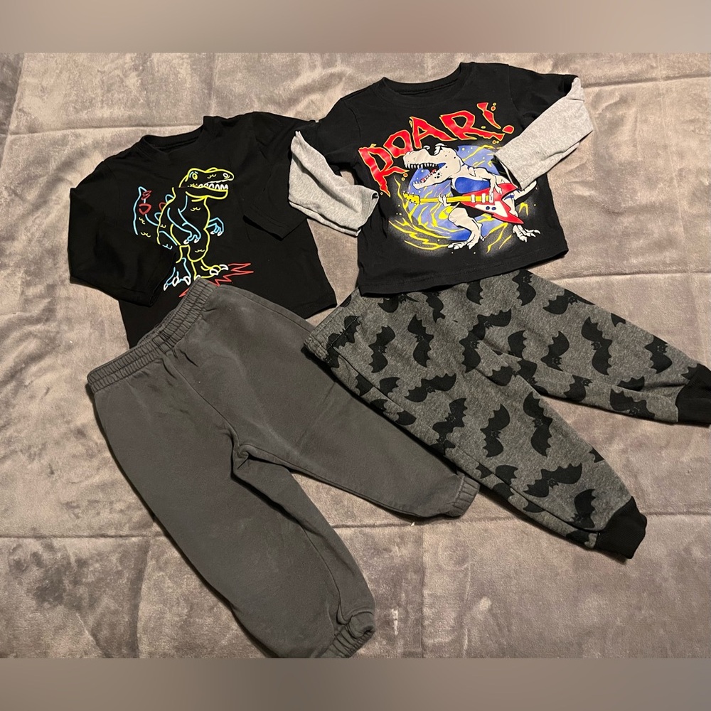 Size 2T Dino shirt bundle and 2 pairs sweatpants